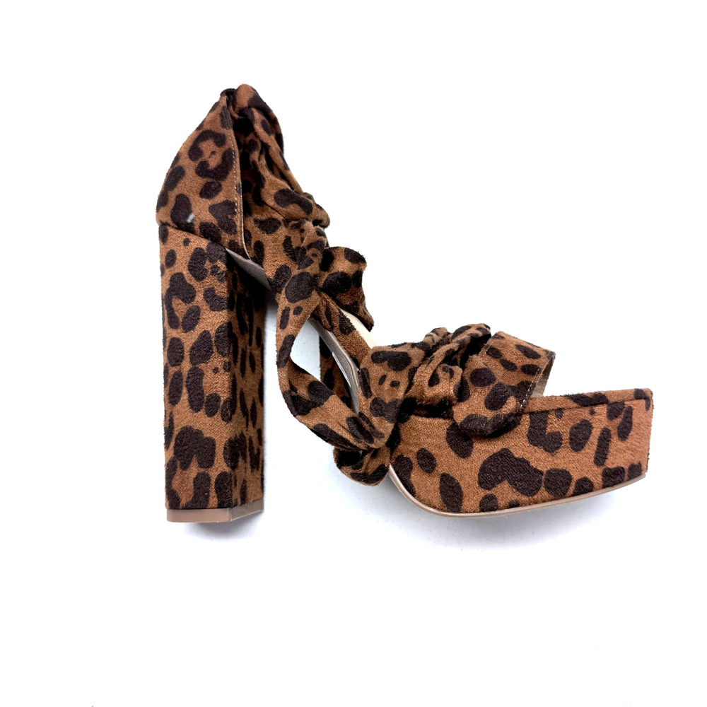 Wild Diva Lounge Leopard Print Block Heel Sandles Lace Up Ankle Tie Sz 7.5